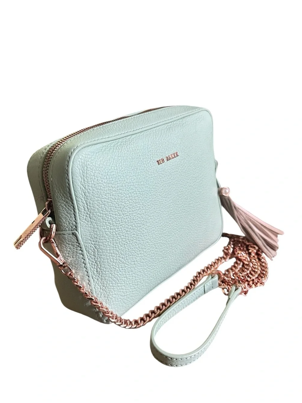 Ted Baker Mint Green Leather Camera Crossbody Rose Gold Tassel Bag